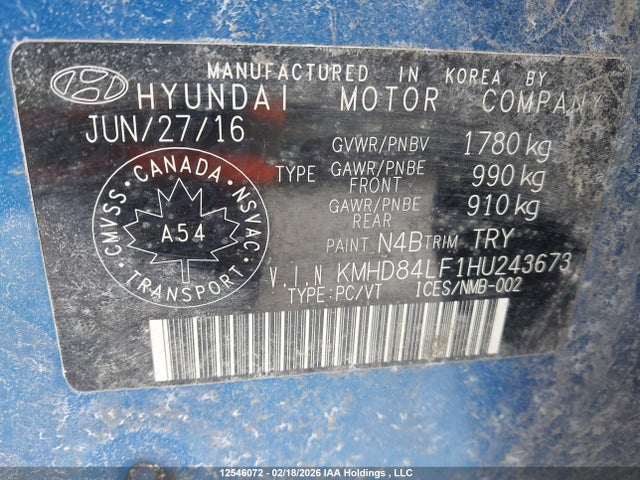 KMHD84LF1HU243673 Hyundai ELANTRA GL