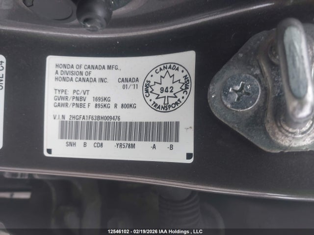 12546102 :رقم المزاد ، 2HGFA1F63BH009476 vin ، 2011 Honda Civic Se مزاد بيع