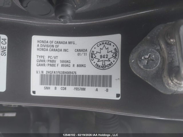 12546102 :رقم المزاد ، 2HGFA1F63BH009476 vin ، 2011 Honda Civic Se مزاد بيع