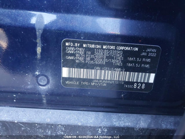 JA4J4UA8XNZ615110 Mitsubishi Outlander Se/black Edition