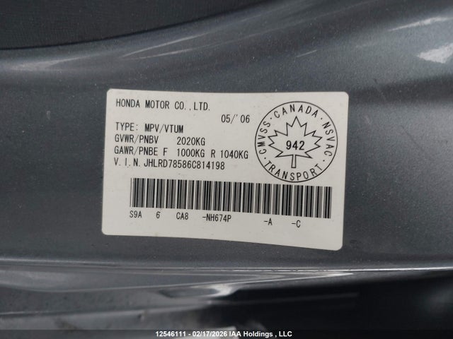 12546111 :رقم المزاد ، JHLRD78586C814198 vin ، 2006 Honda Cr-v Lx مزاد بيع