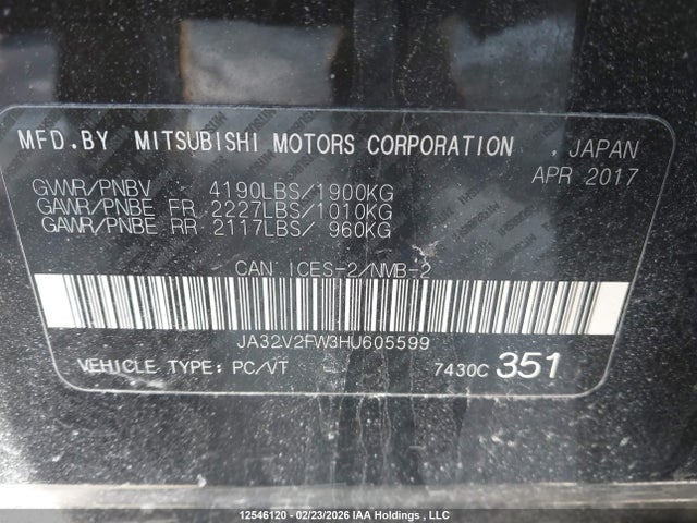2017 Mitsubishi Lancer მანქანა იყიდება აუქციონზე, vin: JA32V2FW3HU605599, აუქციონის ნომერი: 12546120