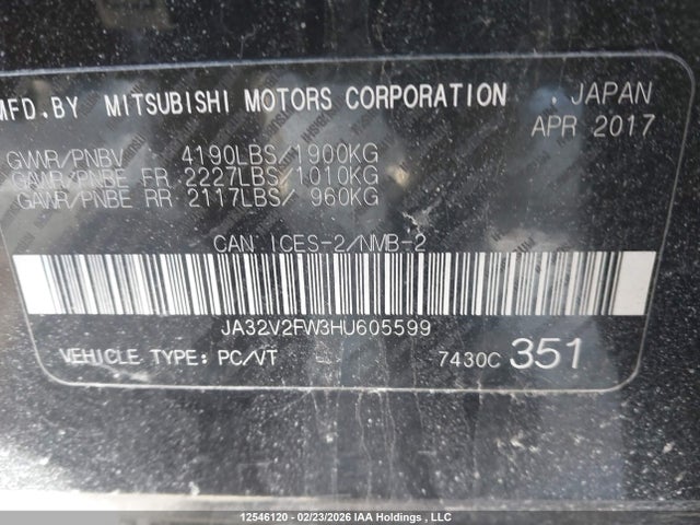 2017 Mitsubishi Lancer მანქანა იყიდება აუქციონზე, vin: JA32V2FW3HU605599, აუქციონის ნომერი: 12546120