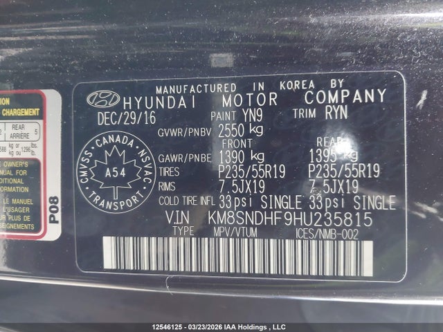 12546125 :رقم المزاد ، KM8SNDHF9HU235815 vin ، 2017 Hyundai Santa Fe مزاد بيع