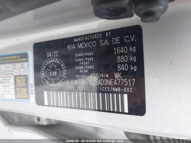 Aukcja sprzedaży 2022 Kia Rio, vin: 3KPA25AD3NE477517, numer aukcji: 12546139
