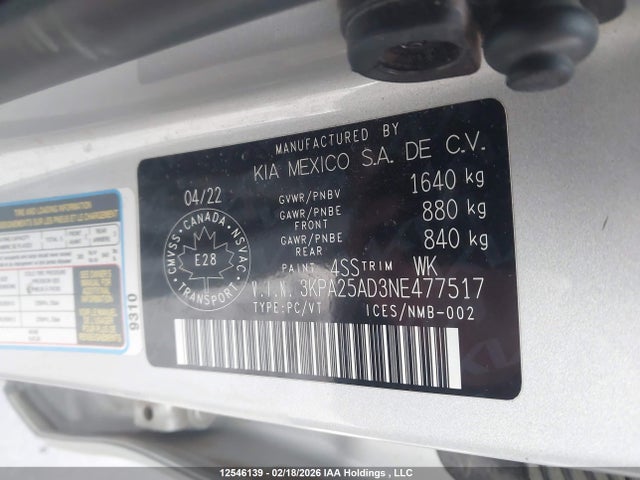 Aukcja sprzedaży 2022 Kia Rio, vin: 3KPA25AD3NE477517, numer aukcji: 12546139