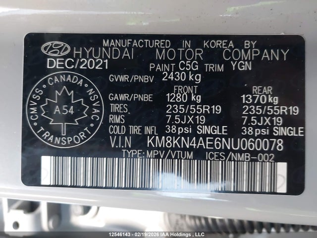 2022 Hyundai Ioniq 5 Sel მანქანა იყიდება აუქციონზე, vin: KM8KN4AE6NU060078, აუქციონის ნომერი: 12546143