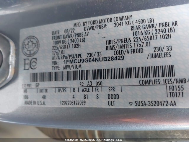 1FMCU9G64NUB28429 Ford ESCAPE SE