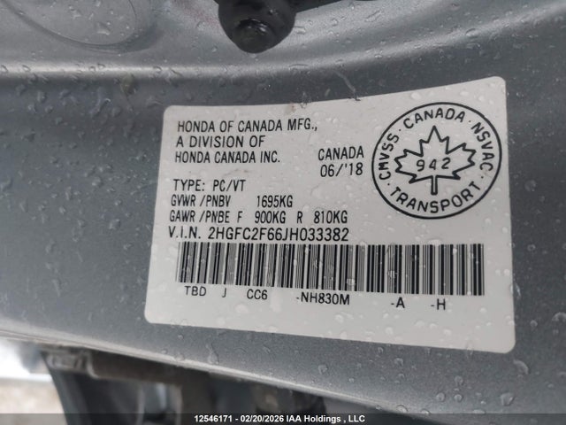 Продажа на аукционе авто 2018 Honda Civic, vin: 2HGFC2F66JH033382, номер лота: 12546171