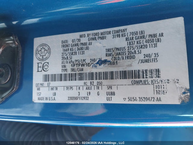 Aukcja sprzedaży 2020 Ford F-150 Lariat, vin: 1FTFW1E48LFC43681, numer aukcji: 12546176
