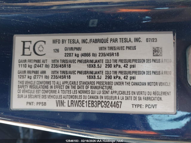 LRW3E1EB3PC924467 Tesla MODEL 3