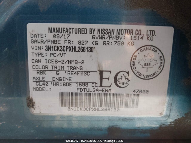 3N1CK3CPXHL266130 Nissan Micra