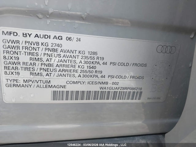 2024 Audi Q4 E-tron მანქანა იყიდება აუქციონზე, vin: WA1GUAFZ8RP086218, აუქციონის ნომერი: 12546224