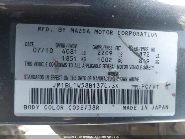 Aukcja sprzedaży 2011 Mazda Mazda3, vin: JM1BL1W58B1370134, numer aukcji: 12546241