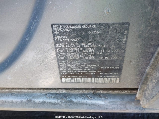 12546242 :رقم المزاد ، 1V27SPE84RC009701 vin ، 2024 Volkswagen Id.4 مزاد بيع