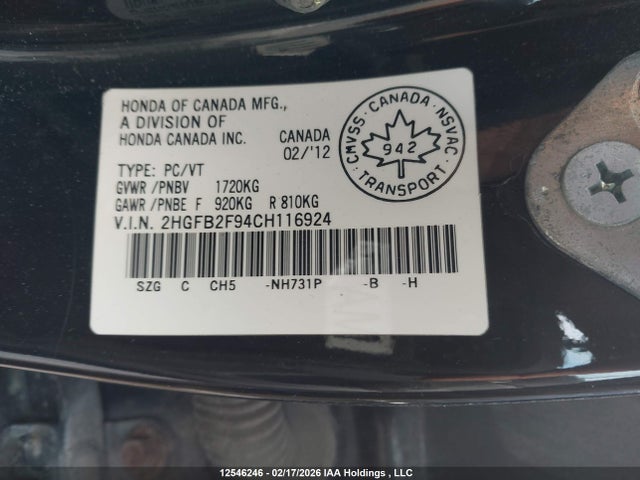 Aukcja sprzedaży 2012 Honda Civic Exl, vin: 2HGFB2F94CH116924, numer aukcji: 12546246