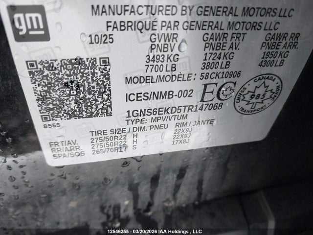 12546255 :رقم المزاد ، 1GNS6EKD5TR147068 vin ، 2026 Chevrolet Suburban K1500 Rst مزاد بيع