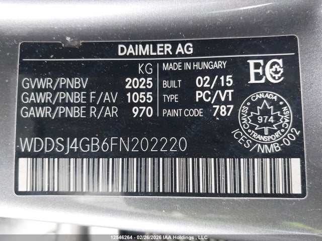 12546264 :رقم المزاد ، WDDSJ4GB6FN202220 vin ، 2015 Mercedes-benz Cla 250 4matic مزاد بيع