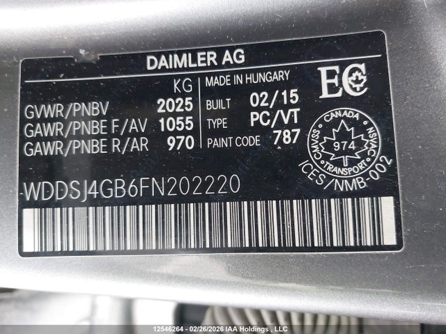 12546264 :رقم المزاد ، WDDSJ4GB6FN202220 vin ، 2015 Mercedes-benz Cla 250 4matic مزاد بيع