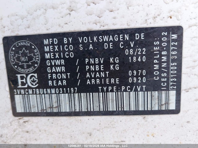 3VWCM7BU6NM031197 Volkswagen Jetta Trendline