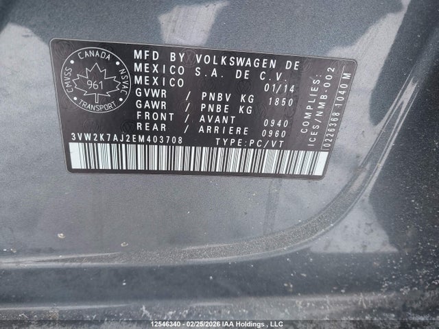 2014 Volkswagen Jetta მანქანა იყიდება აუქციონზე, vin: 3VW2K7AJ2EM403708, აუქციონის ნომერი: 12546340