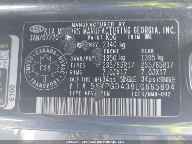 5XYPGDA38LG665804 KIA Sorento L/lx