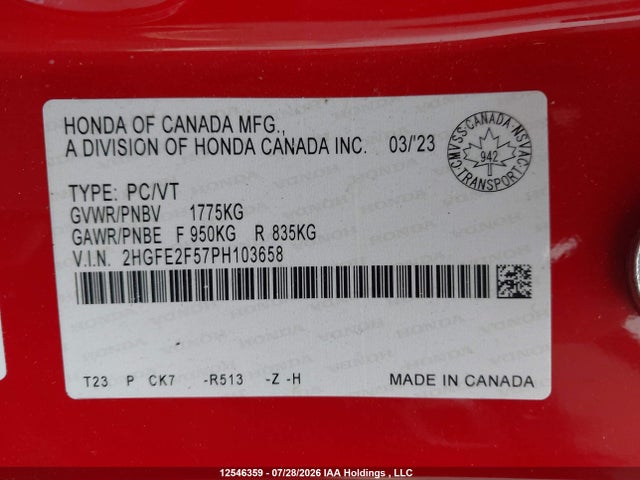 2HGFE2F57PH103658 Honda Civic Sport/sport-b