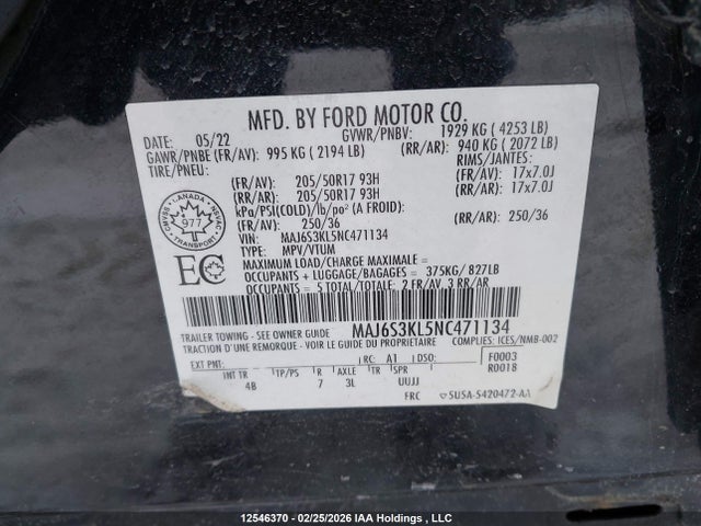 12546370 :رقم المزاد ، MAJ6S3KL5NC471134 vin ، 2022 Ford Ecosport Titanium مزاد بيع