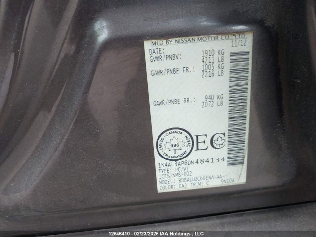2013 Nissan Altima 2.5/2.5 S/2.5 Sl/2.5 Sv მანქანა იყიდება აუქციონზე, vin: 1N4AL3AP6DN484134, აუქციონის ნომერი: 12546410