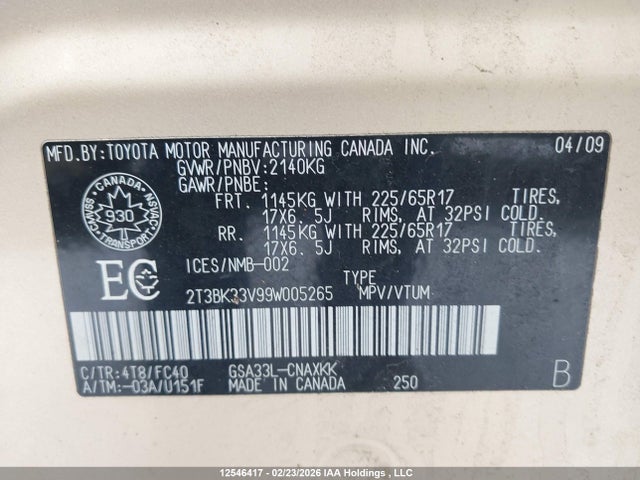 Aukcja sprzedaży 2009 Toyota Rav4, vin: 2T3BK33V99W005265, numer aukcji: 12546417