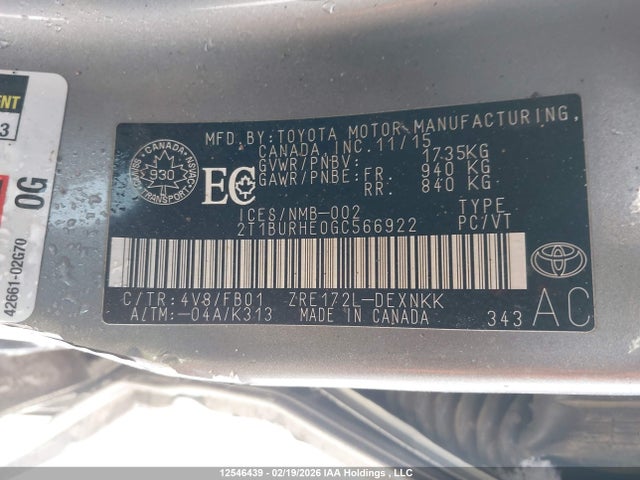 2T1BURHE0GC566922 Toyota COROLLA LE