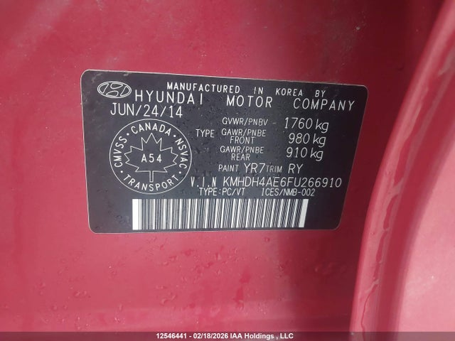 Продаж на аукціоні авто 2015 Hyundai Elantra Se/sport/limited, vin: KMHDH4AE6FU266910, номер лоту: 12546441