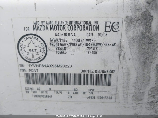 12546455 :رقم المزاد ، 1YVHP81AX95M20220 vin ، 2009 Mazda 6 I مزاد بيع