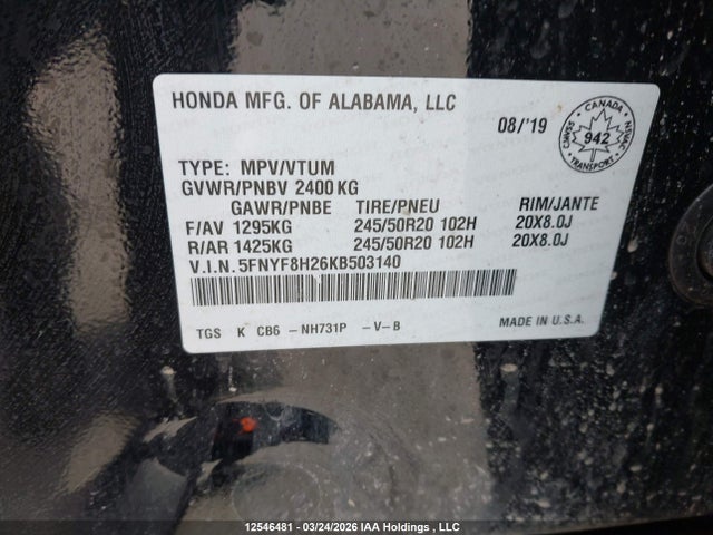 5FNYF8H26KB503140 Honda Passport Sport