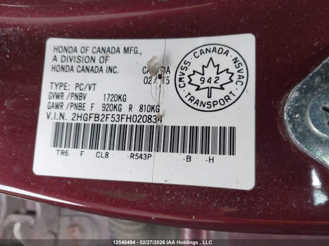 2HGFB2F53FH020834 Honda Civic