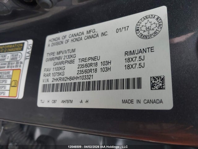 Продаж на аукціоні авто 2017 Honda Cr-v, vin: 2HKRW2H84HH103321, номер лоту: 12546509