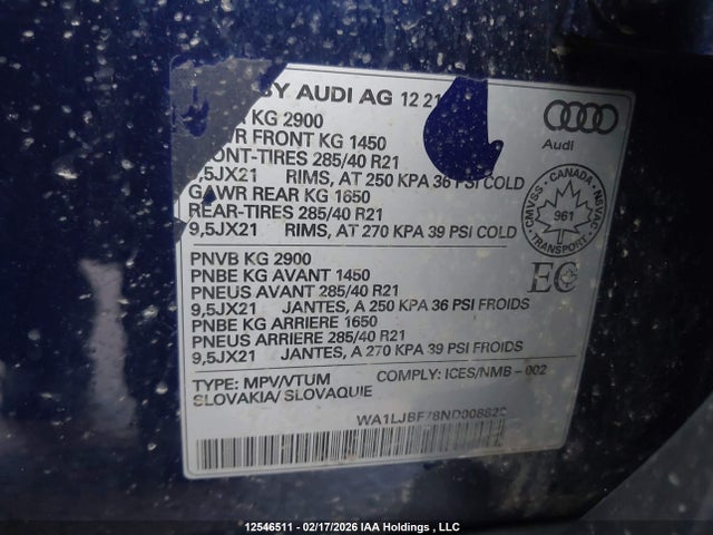 Продаж на аукціоні авто 2022 Audi Q7 Premium Plus, vin: WA1LJBF78ND008822, номер лоту: 12546511