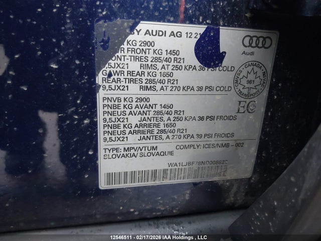 Продаж на аукціоні авто 2022 Audi Q7 Premium Plus, vin: WA1LJBF78ND008822, номер лоту: 12546511