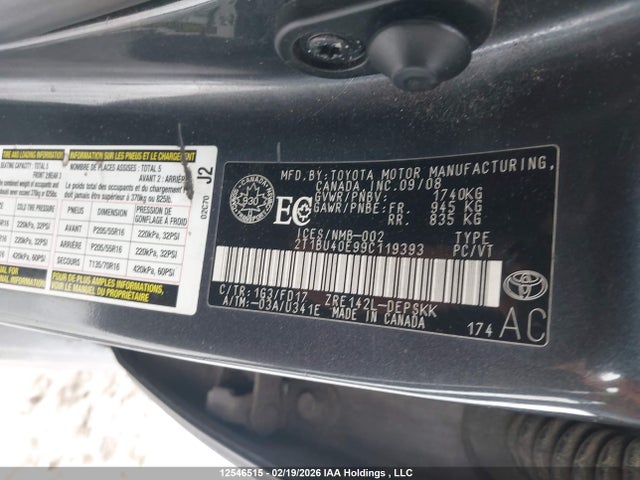 2009 Toyota Corolla მანქანა იყიდება აუქციონზე, vin: 2T1BU40E99C119393, აუქციონის ნომერი: 12546515