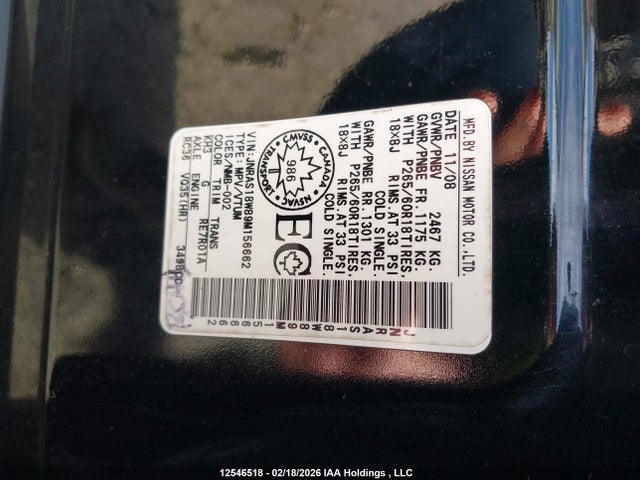 Aukcja sprzedaży 2009 Infiniti Fx35, vin: JNRAS18W89M156662, numer aukcji: 12546518