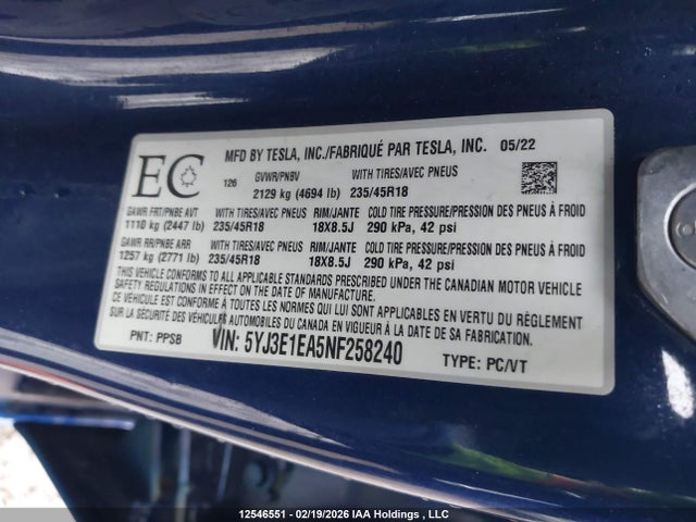 5YJ3E1EA5NF258240 Tesla MODEL 3
