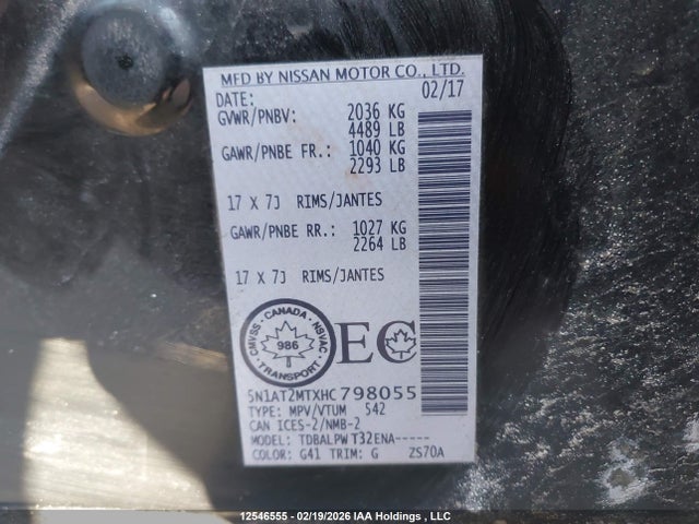 5N1AT2MTXHC798055 Nissan ROGUE S/SV