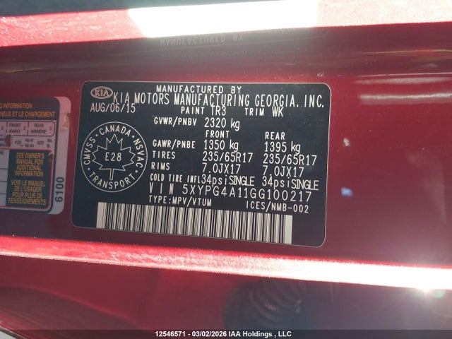 5XYPG4A11GG100217 KIA Sorento Lx/l