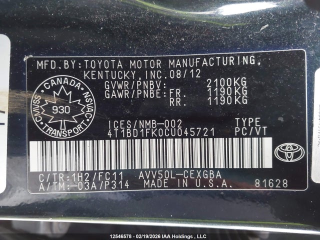 Aukcja sprzedaży 2012 Toyota Camry Hybrid/le/xle, vin: 4T1BD1FK0CU045721, numer aukcji: 12546578