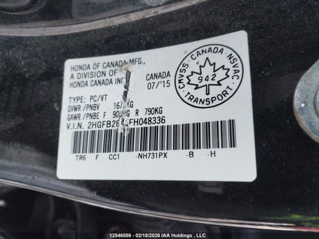 2015 Honda Civic Lx მანქანა იყიდება აუქციონზე, vin: 2HGFB2E45FH048336, აუქციონის ნომერი: 12546586