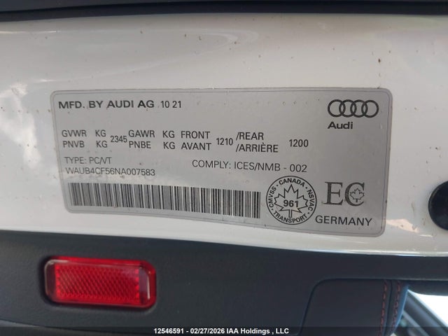 12546591 :رقم المزاد ، WAUB4CF56NA007583 vin ، 2022 Audi S5 Prestige مزاد بيع