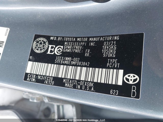 Aukcja sprzedaży 2021 Toyota Corolla Se, vin: 5YFB4MBE9MP083842, numer aukcji: 12546596