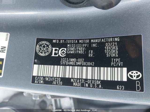Aukcja sprzedaży 2021 Toyota Corolla Se, vin: 5YFB4MBE9MP083842, numer aukcji: 12546596