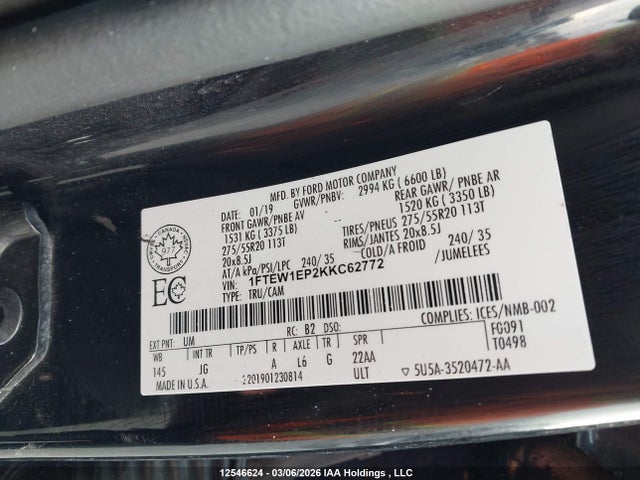 2019 Ford F150 Supercrew მანქანა იყიდება აუქციონზე, vin: 1FTEW1EP2KKC62772, აუქციონის ნომერი: 12546624