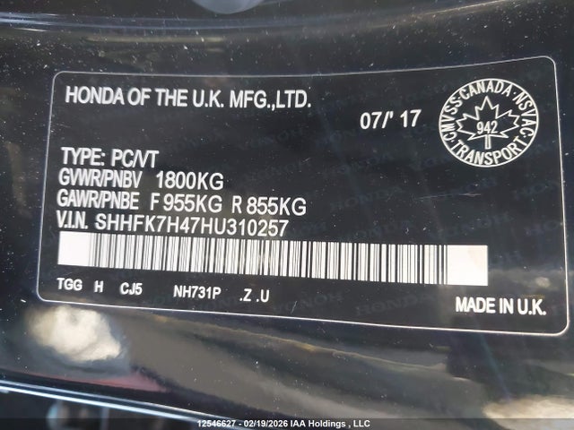 SHHFK7H47HU310257 Honda Civic Sport